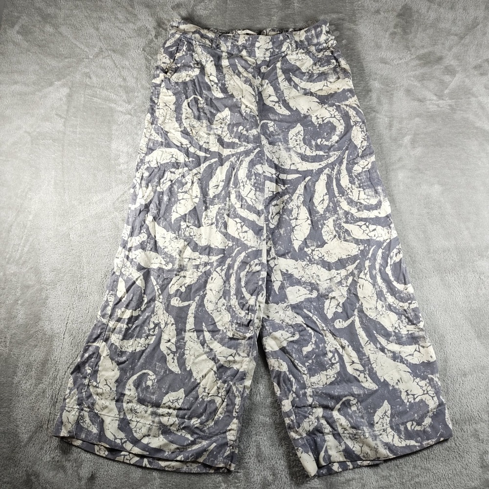Joie Pants Womens Large Gray White Abstract Leaf Floral Wide Leg Cropped Lyocell
